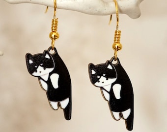 Hanging Cat Earrings, Cool black and white kawaii cat drop earrings for women