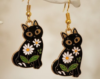 Black Cat Earrings with Flowers, Quirky unusual gold and black floral cat drop earrings for women