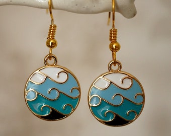 Wave Earrings, Cool funky gold and blue sea wave drop earrings for women