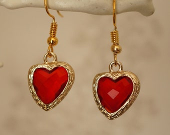 Red Heart Earrings, Cute funky gold and red glass jewel heart drop earrings for women