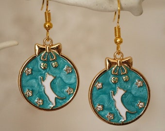 Quirky Cat Earrings, Cool round gold, turquoise and white cat drop earrings for women with rhinestones