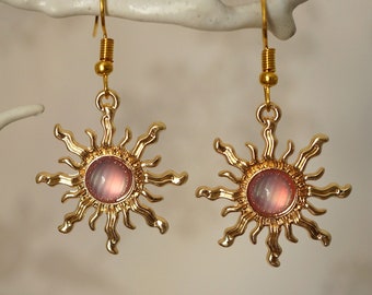 Lilac Sun Earrings, Quirky pretty gold and lilac acrylic sun drop earrings for women