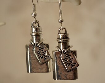 Drink me bottle Earrings, Cool novelty silver drink me bottle dangle earrings for women