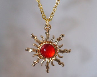 Red Sun Necklace, Unique celestial gold and red sun fashion jewellery necklace for her
