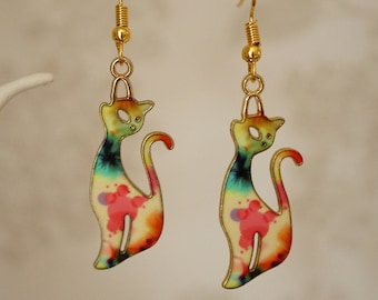 Cool Cat Earrings, Quirky unusual multicoloured cat dangle earrings for women