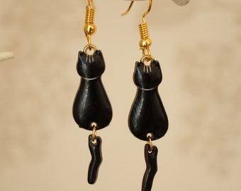 Black Cat Earrings, Funky cool black cat Halloween drop earrings for women