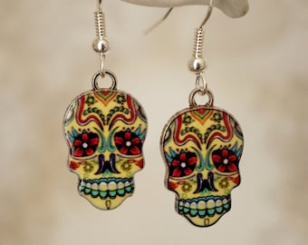 Quirky Skull Earrings, Funky silver and enamel Halloween sugar skull drop earrings for women