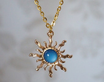 Blue Sun Necklace, Cute cool gold and blue sun fashion jewellery necklace for women