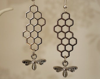 Honeycomb Bee Earrings, Funky quirky statement silver bee honeycomb drop earrings