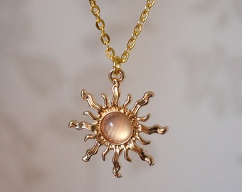 Pink Sun Necklace, Cute unusual ladies gold and pink sun fashion jewellery necklace for her