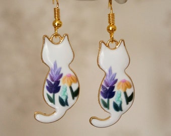 Floral Cat Earrings, Quirky cute gold and white cat with flowers drop earrings for women