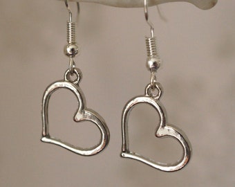 Cute Heart Earrings, Quirky cool silver heart outline drop earrings for women