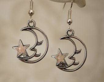 Silver Moon and Star Earrings, Cool funky celestial moon and star drop earrings for women