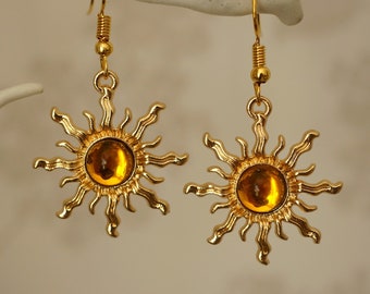 Gold Sun Earrings, Cute funky gold and golden yellow acrylic sun drop earrings for women