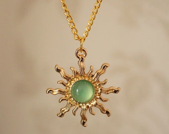 Green Sun Necklace, Unusual cool gold and light green acrylic sun necklace for women