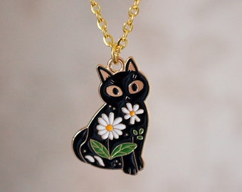 Black Cat Necklace, Cool unusual floral gold and enamel cat fashion jewellery necklace for her