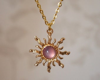 Lilac Sun Necklace, Cool unusual gold and lilac sun celestial jewellery necklace for women