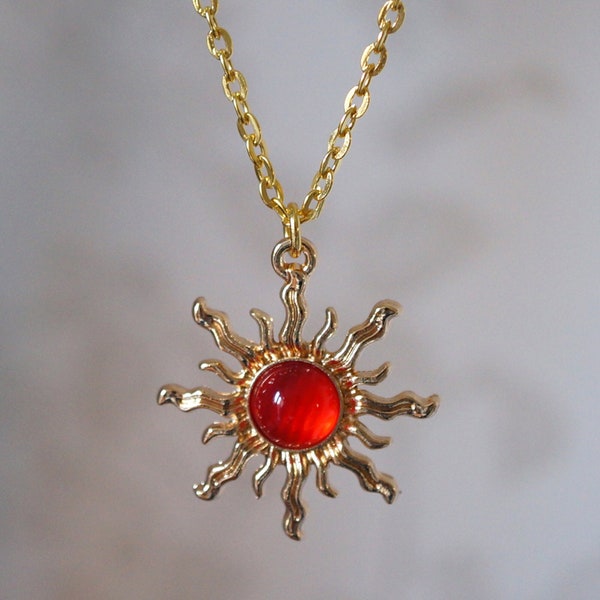 Red Sun Necklace, Unique celestial gold and red sun fashion jewellery necklace for her