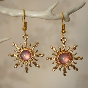 Lilac Sun Earrings, Quirky pretty gold and lilac acrylic sun drop earrings for women