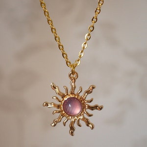 Lilac Sun Necklace, Cool unusual gold and lilac sun celestial jewellery necklace for women