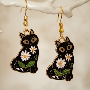 Black Cat Earrings with Flowers, Quirky unusual gold and black floral cat drop earrings for women