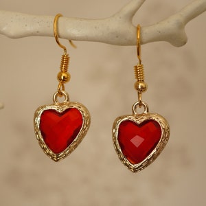 Red Heart Earrings, Cute funky gold and red glass jewel heart drop earrings for women