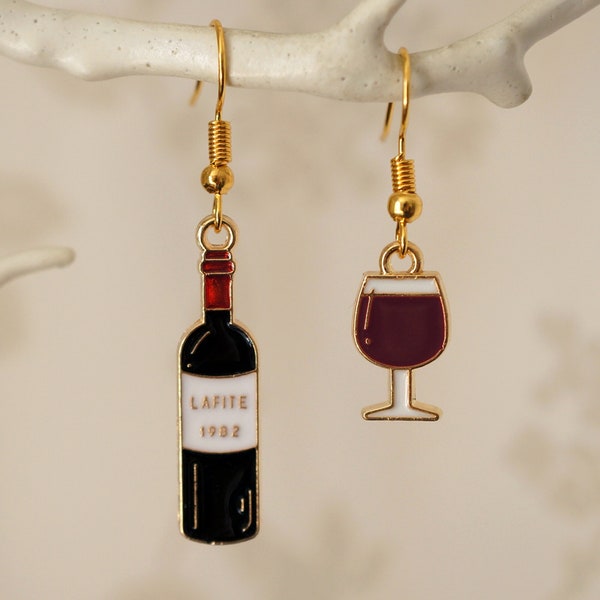 Red Wine Earrings, Cool unusual red wine bottle and glass jewellery drop earrings for women
