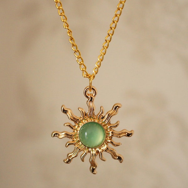 Green Sun Necklace, Unusual cool gold and light green acrylic sun necklace for women