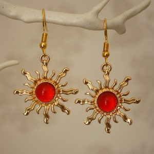 Red Sun Earrings, Cool quirky gold and red acrylic sun drop earrings for women image 1