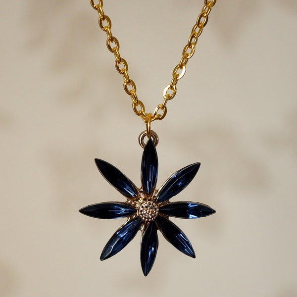 Blue Flower Necklace, Cute blue cubic zirconia flower jewellery necklace for women with gold chain