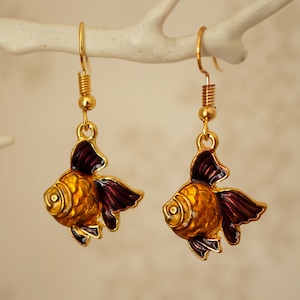 Quirky Fish Earrings, Cute funky gold and enamel fish drop earrings for women