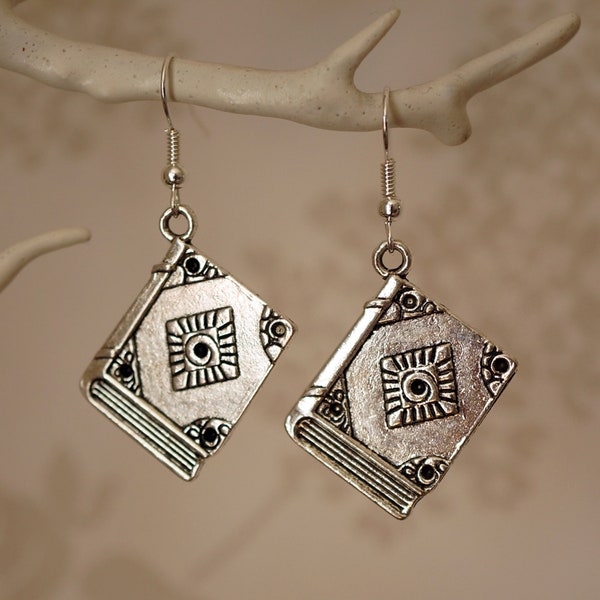 Book Earrings, Quirky cool vintage silver book dangle earrings for women