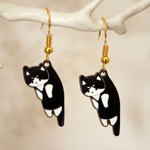 Hanging Cat Earrings, Cool black and white kawaii cat drop earrings for women