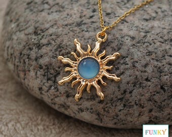 Blue Sun Pendant Necklace, Gold Plated Acrylic Boho Celestial Charm Jewellery for Women