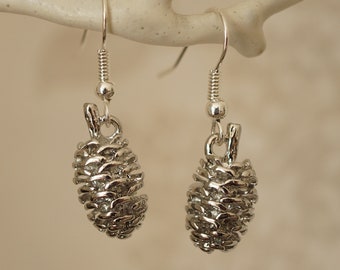 Silver Pine Cone Earrings, Cool cute quirky pine cone dangle earrings for women