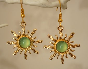 Green Sun Earrings, Unusual cool gold and light green acrylic sun drop earrings for women