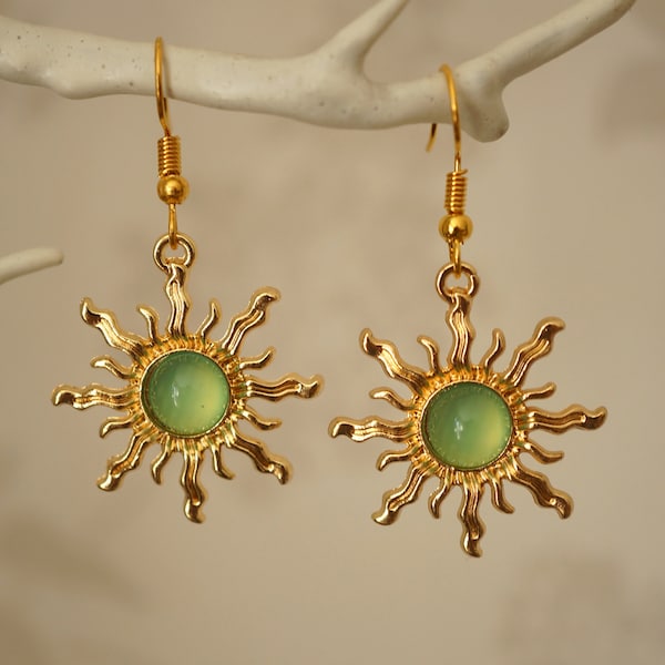 Green Sun Earrings, Unusual cool gold and light green acrylic sun drop earrings for women
