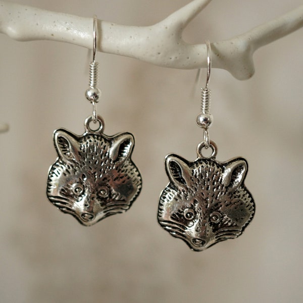 Raccoon Earrings, Funky cool unusual silver raccoon drop earrings for women