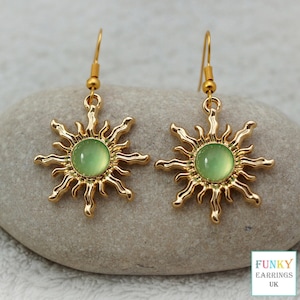 Green Sun Earrings, Unusual cool gold and light green acrylic sun drop earrings for women