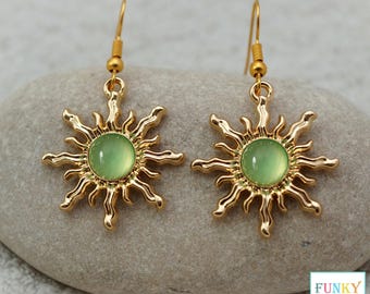 Green Sun Earrings, Unusual cool gold and light green acrylic sun drop earrings for women