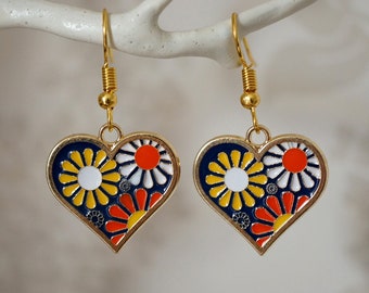 Flower Heart Earrings, Funky cool gold floral heart earrings for women