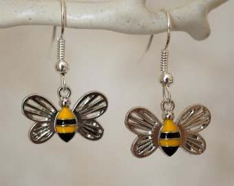 Cool Bee Earrings, Cute quirky silver and enamel bee drop earrings for women