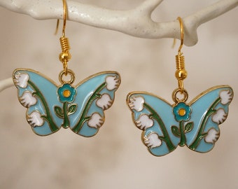Blue Butterfly Flower Earrings, Cute pretty gold and floral butterfly drop earrings for women