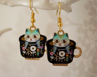 Cool funky Cat in a Teacup Earrings, quirky gold dangle earrings for women