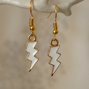 Lightning Earrings, Cool funky unusual gold and white lightning drop earrings for women
