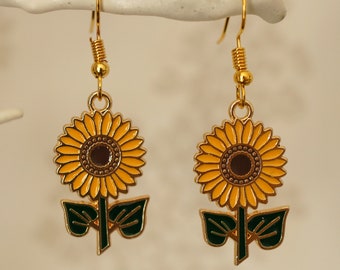 Quirky Sunflower Earrings, Cool novelty gold and enamel sunflower earrings for women