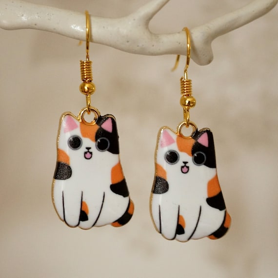 Calico Polymer Clay Cat Earrings Funky Cat Earrings, Quirky