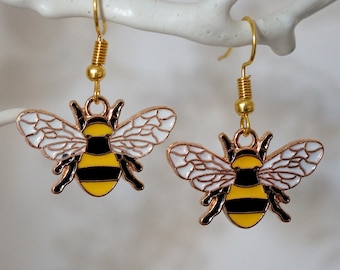 Quirky Bee Earrings, Cool cute gold and enamel bee dangle earrings for women