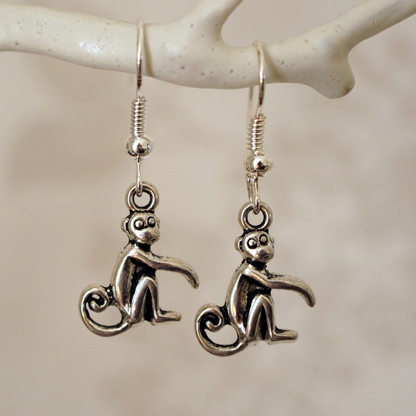 Monkey Earrings, Quirky cute unusual silver monkey drop earrings for women