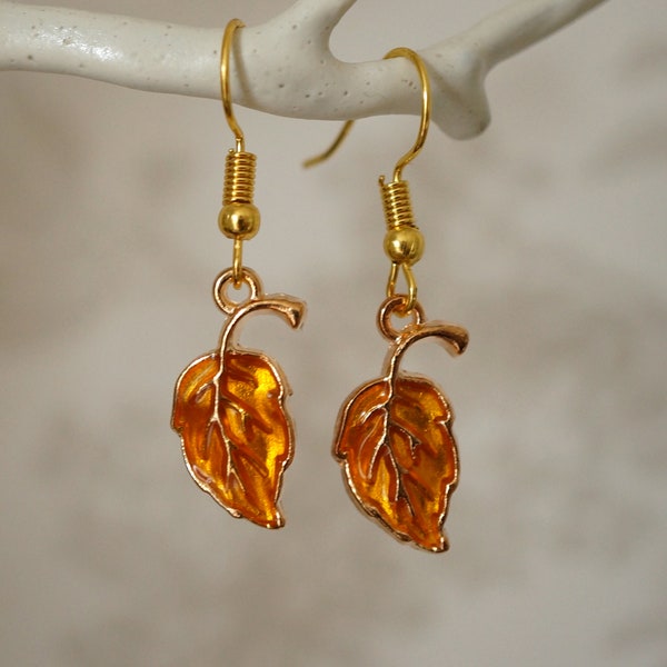 Quirky Leaf Earrings, Cute pretty gold and amber leaf drop earrings for women